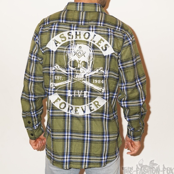 Assholes Live Forever ALF Crossbones Green Plaid Button-Down Flannel Shirt L NEW - Picture 3 of 5